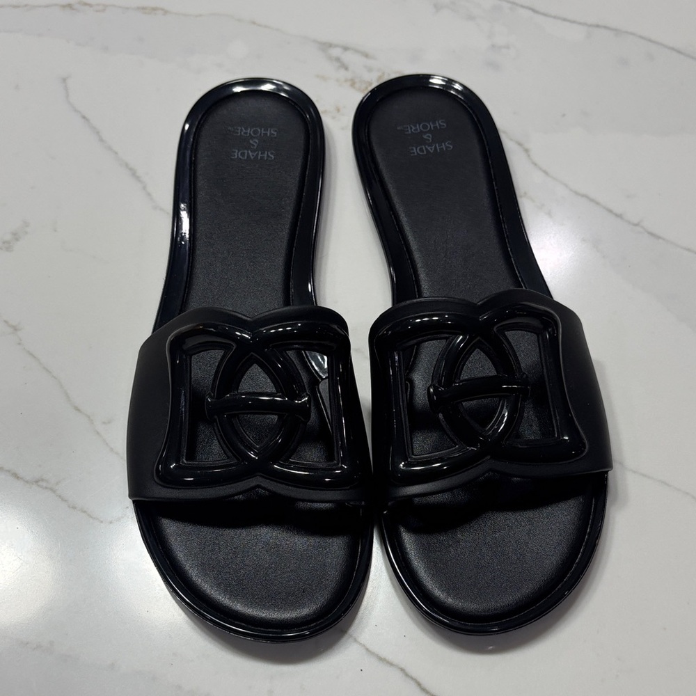Shade & Shore Black Slide Sandals with Decorative Cutout - Picture 2 of 8